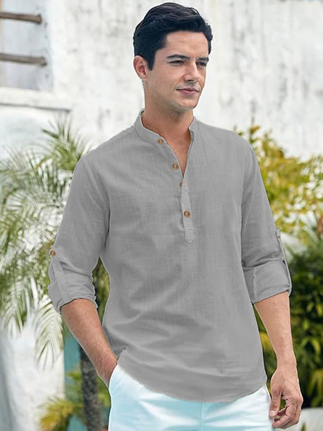 

Vida Loca Mandarin Collar Regular Cotton Straight Slim Fit Short Kurta, Grey