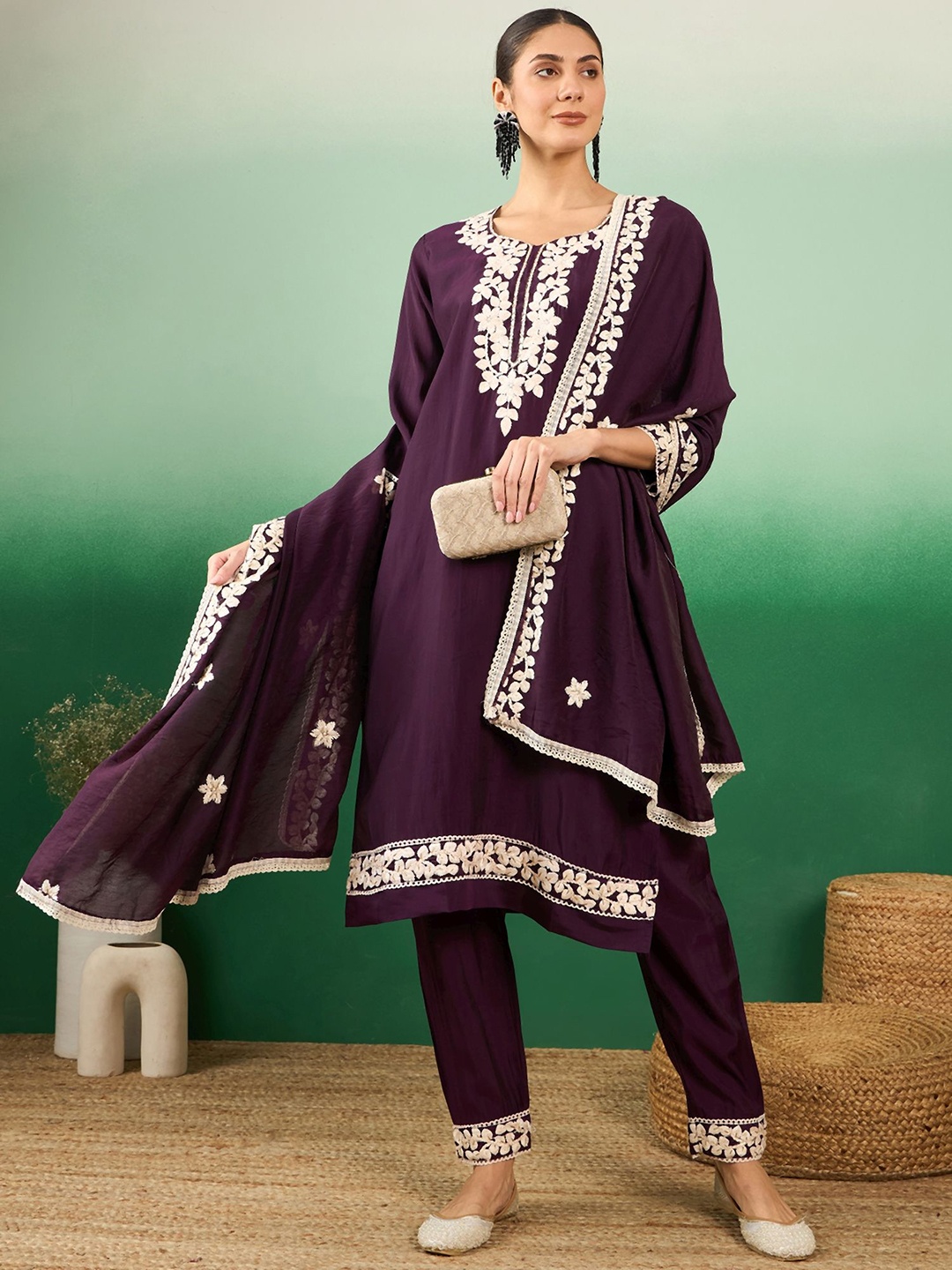 

Maroosh Women Embroidered Pure Silk Straight Kurta With Trousers & Dupatta, Purple