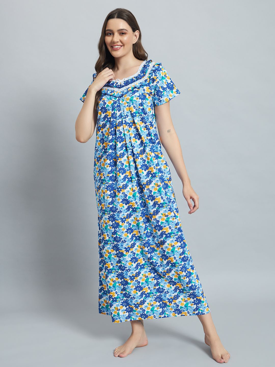 

SEPHANI Women Floral Printed Pure Cotton Maxi Nightdress, Blue