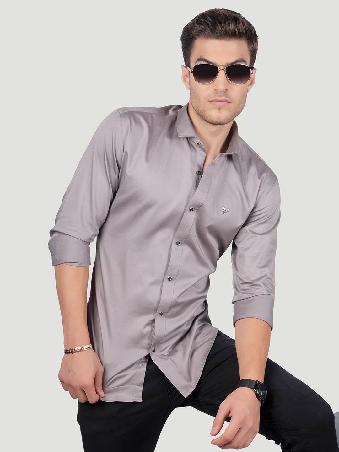 

ALMATY Men Comfort Spread Collar Solid Cotton Slim Fit Party Shirt, Grey