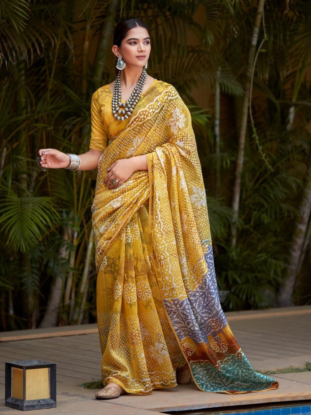 

NK Textiles Ajrak Block Sequinned Block Print Saree, Yellow