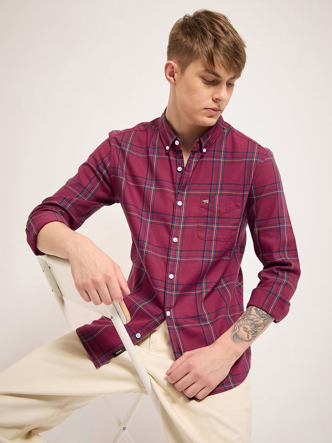 

THE BEAR HOUSE Men Cotton Checked Slim Fit Casual Shirt, Maroon