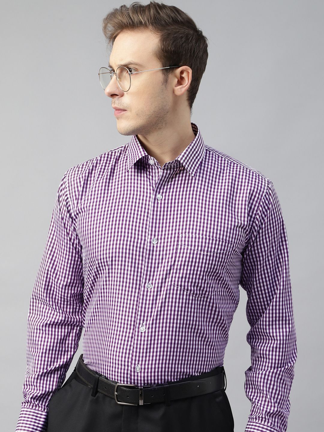 

English Navy Men Spread Collar Gingham Checked Cotton Slim Fit Formal Shirt, Purple