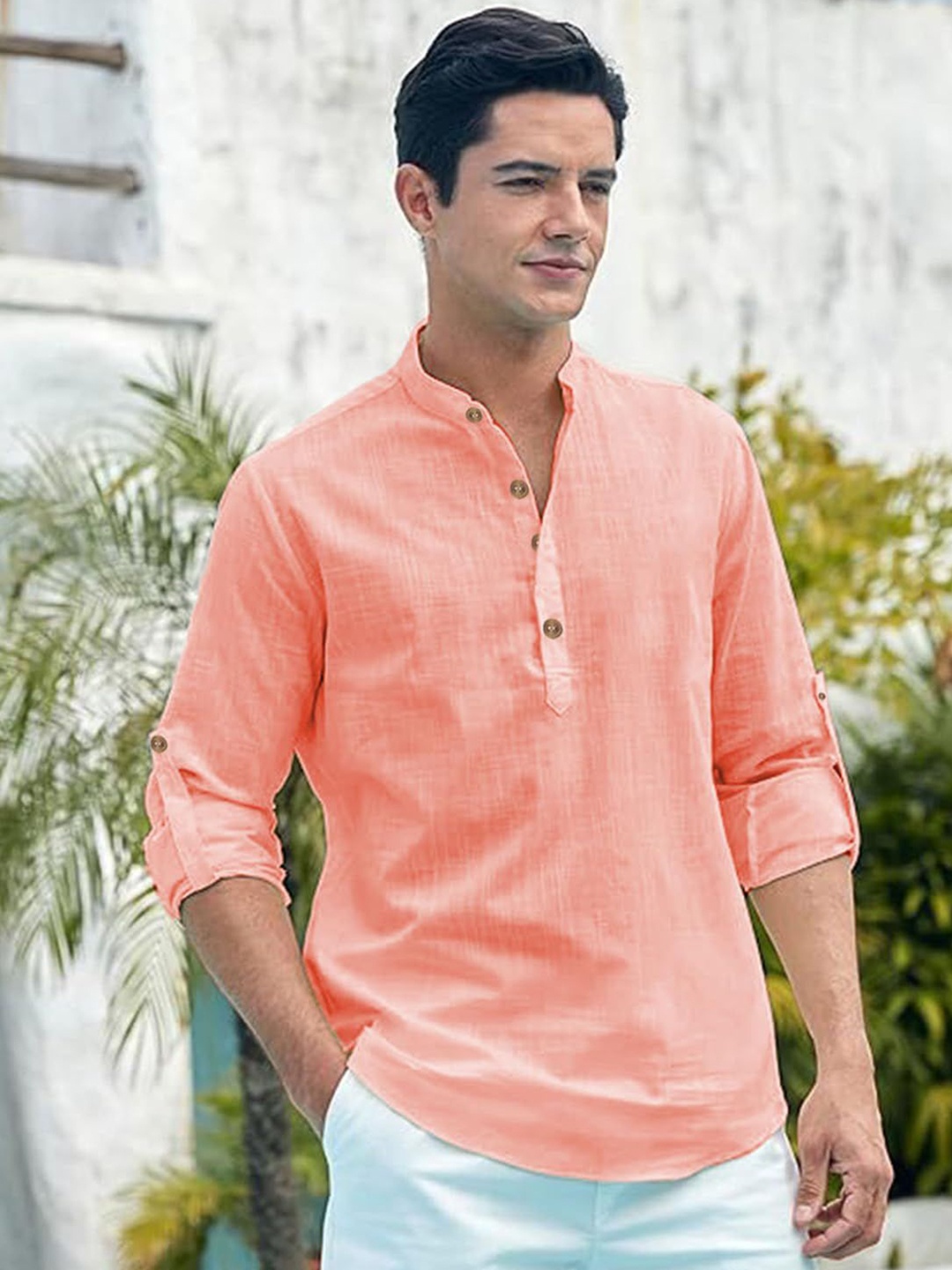 

Vida Loca Band Collar Roll-Up Sleeves Pure Cotton Short Kurta, Peach