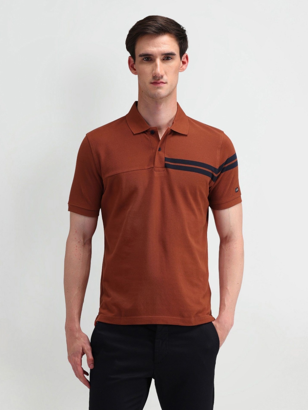 

Arrow Sport Men Striped Polo Collar Cotton T-shirt, Rust