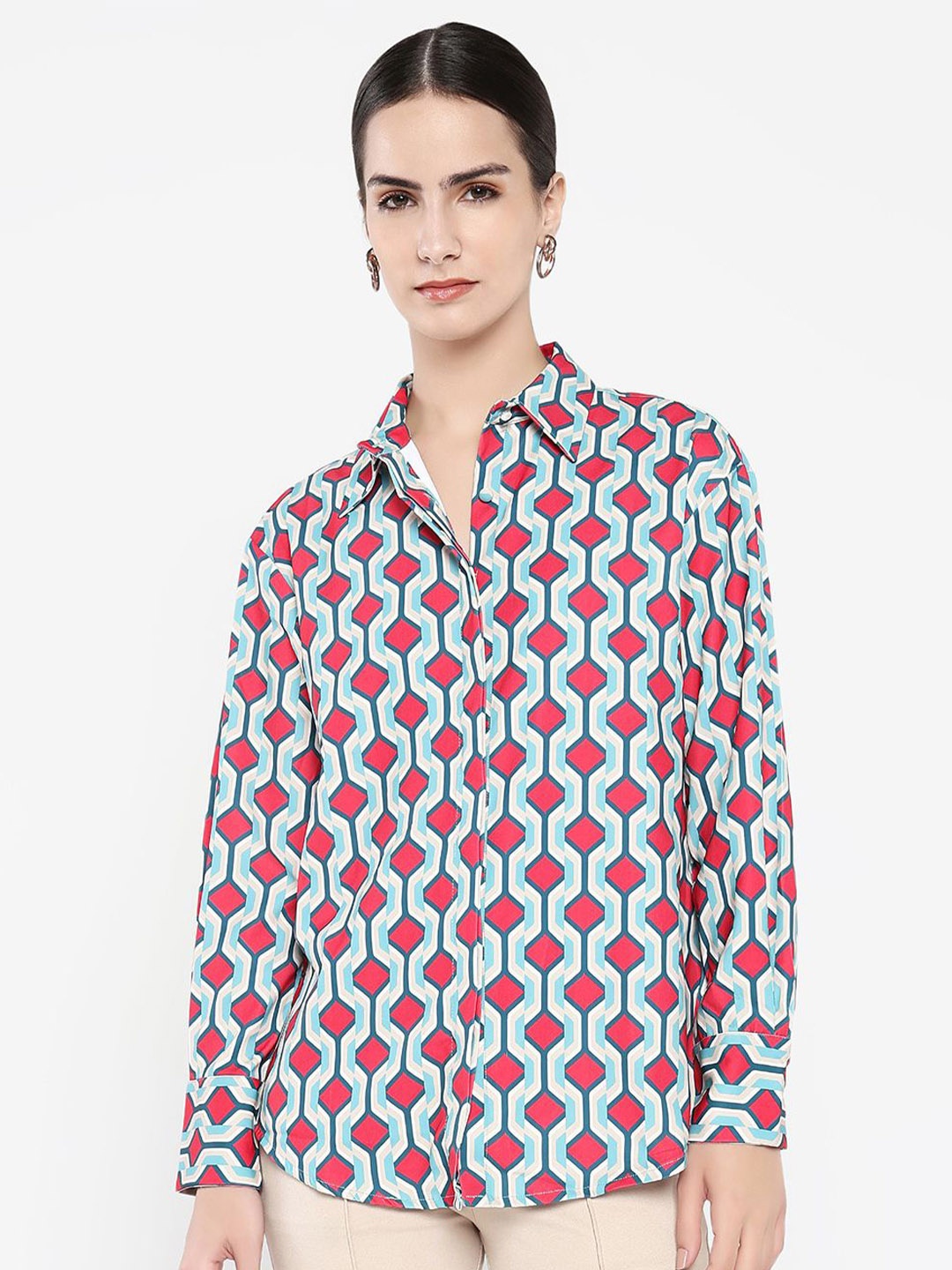 

RAREISM Women Geometric Printed Shirt Collar Cotton Top, Multi