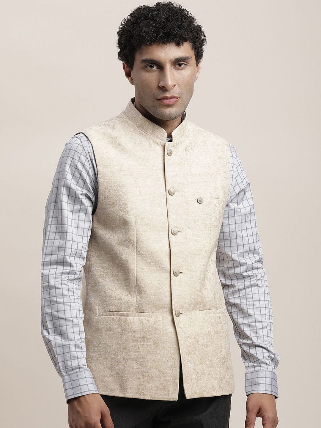 

Turtle Woven Design Nehru Jackets, Beige