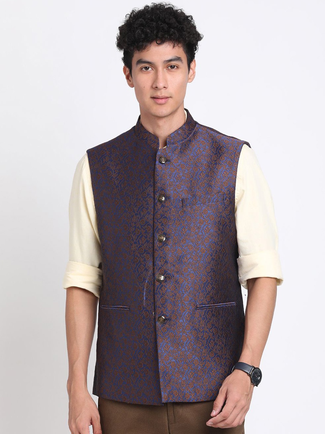 

Turtle Men Printed Ethnic Nehru Jacket, Blue