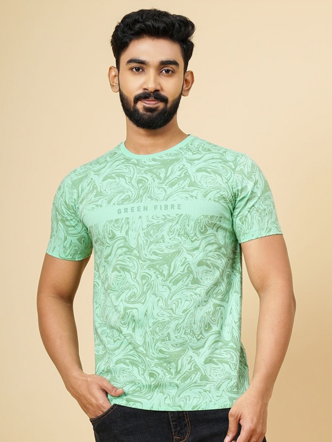 

Greenfibre Men Abstract Printed Round Neck Pure Cotton Slim Fit T-shirt, Green