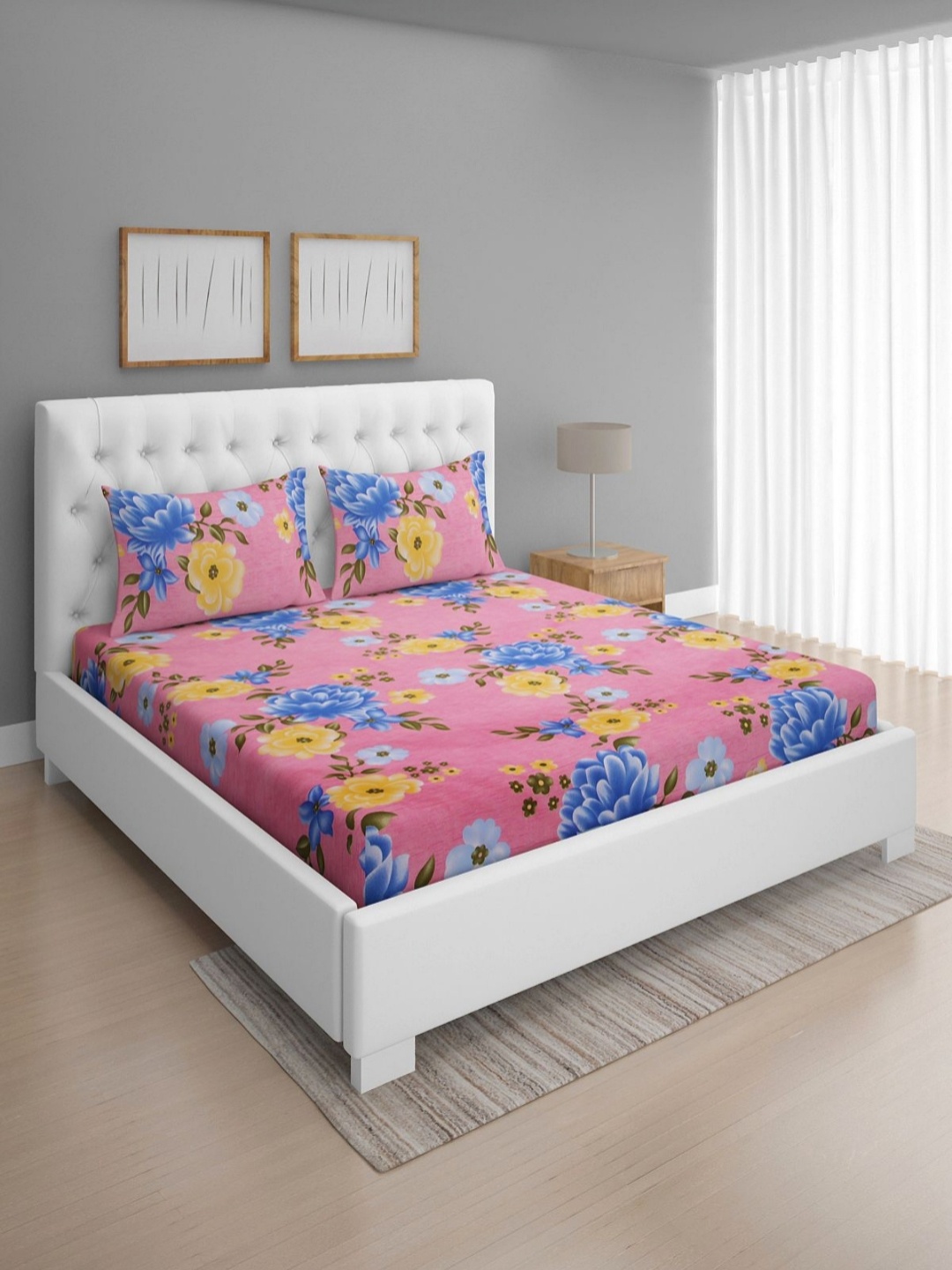 

ROMEE Pink & Blue Floral Printed 144 TC Microfiber Double Queen Bedsheet & 2 Pillow Covers