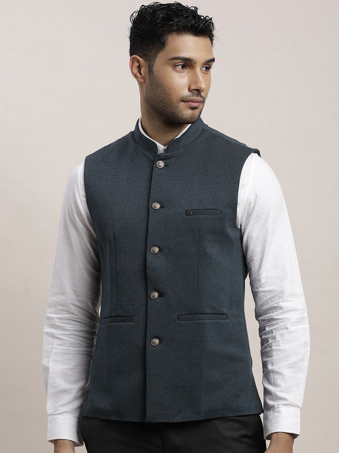 

Turtle Men Woven Design Nehru Jacket, Green