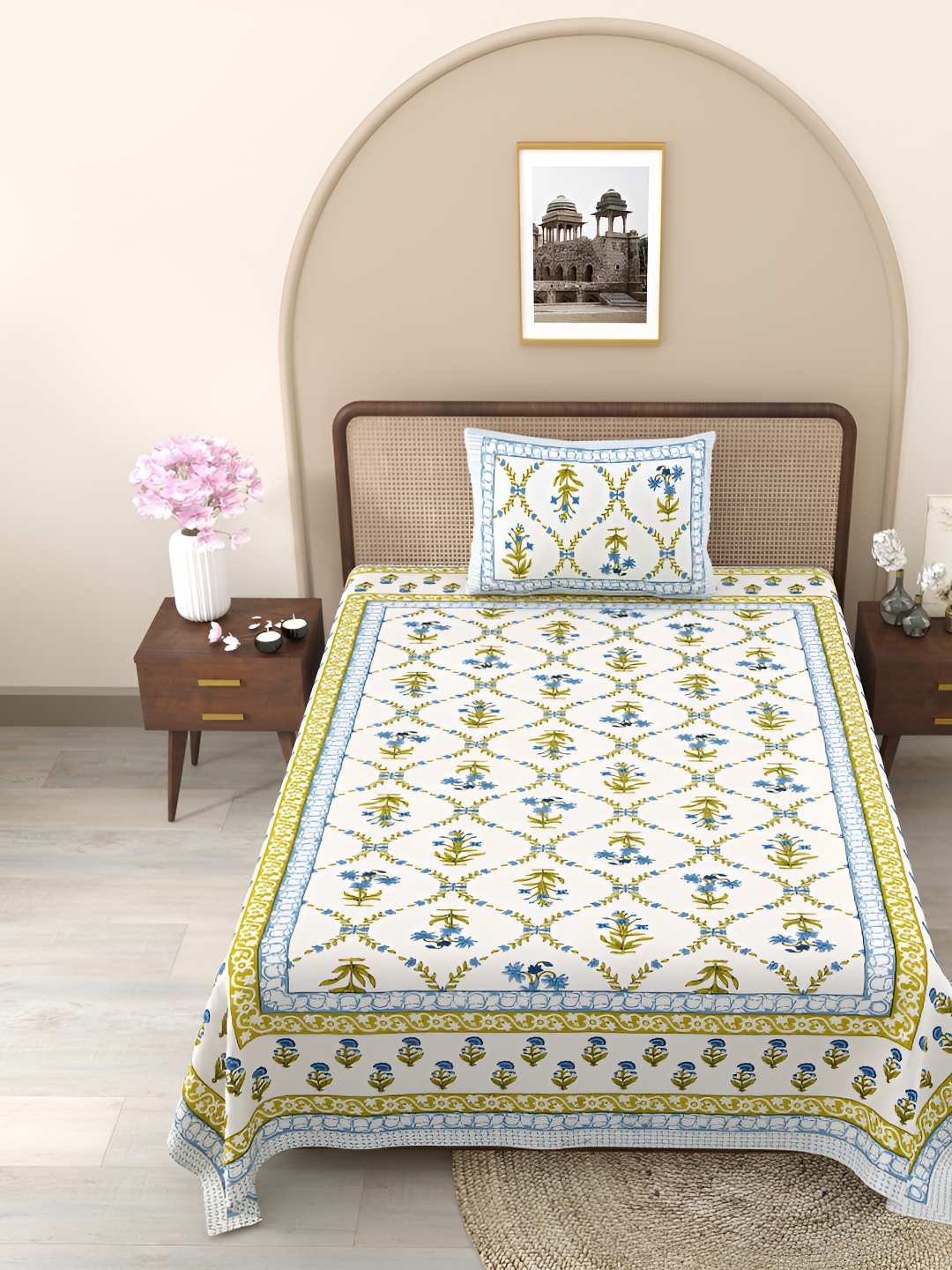 

Jinaya's Blue & White Floral Printed Pure Cotton 210 TC Single Bedsheet & 1 Pillow Cover