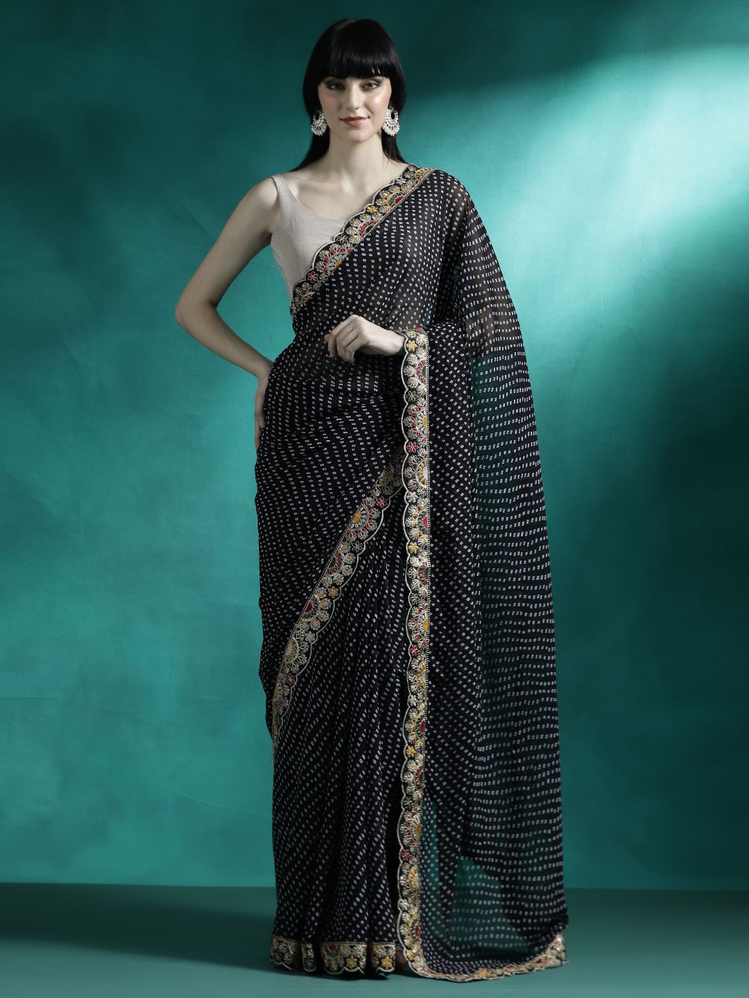 

Sangria Bandhani Printed Embroidered Saree, Black