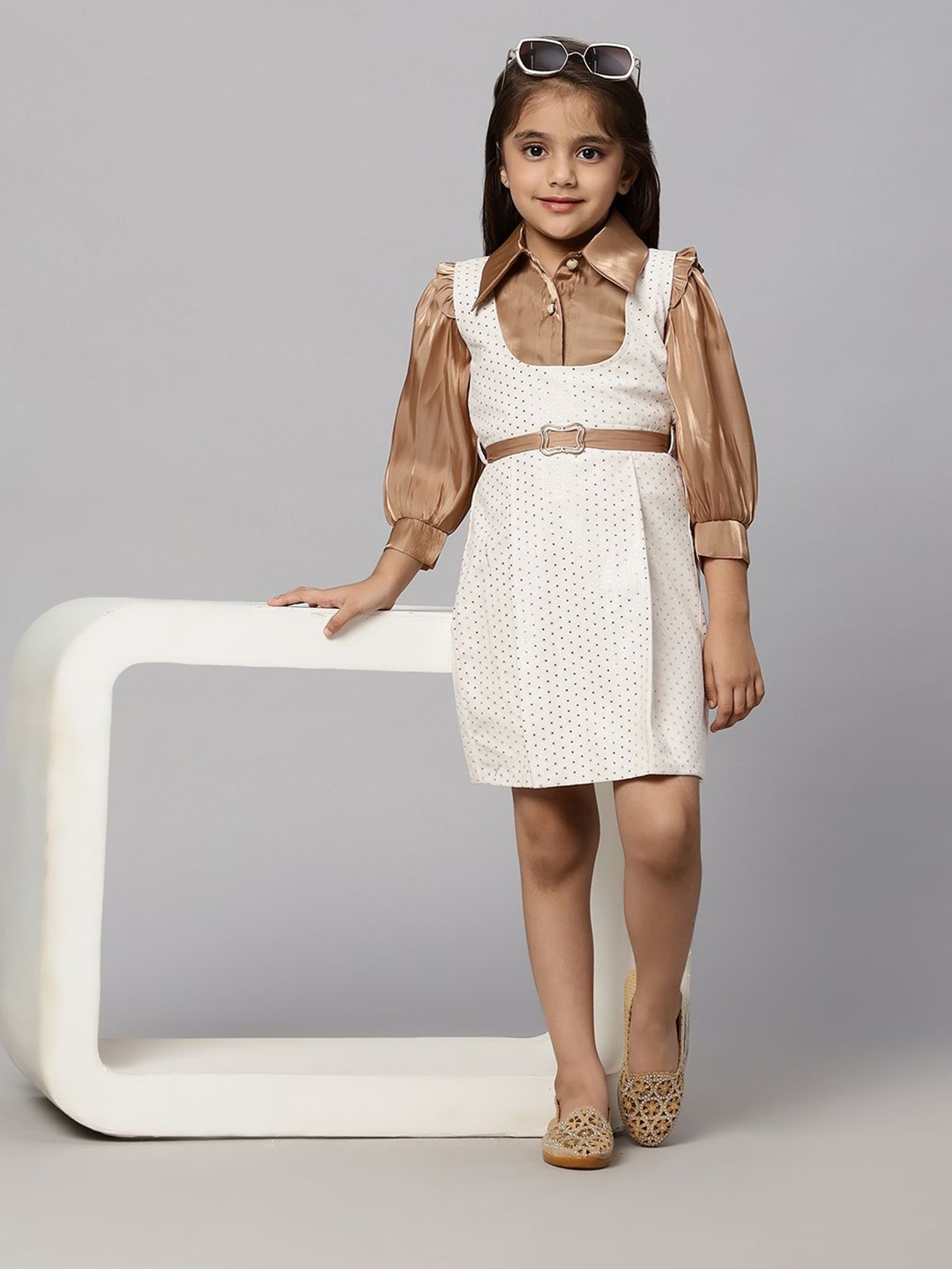 

Macwin Girls Shirt Collar Printed Pinafore Dress With Tissue Top, Cream