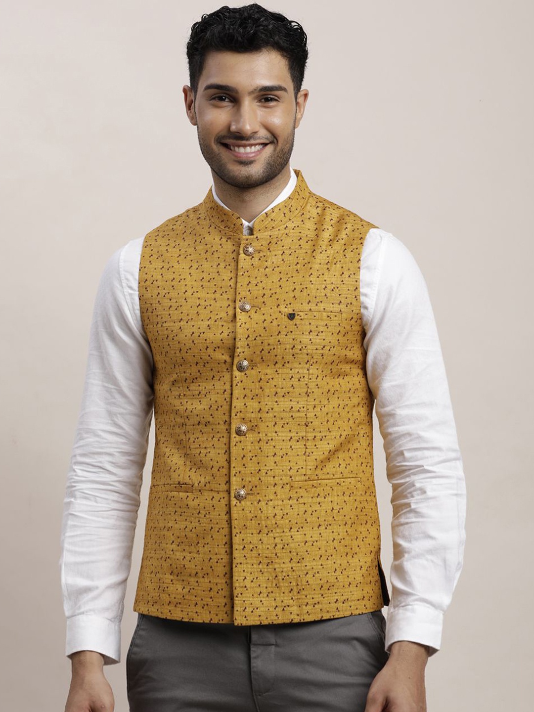 

Turtle Men Printed Ethnic Nehru Jacket, Mustard