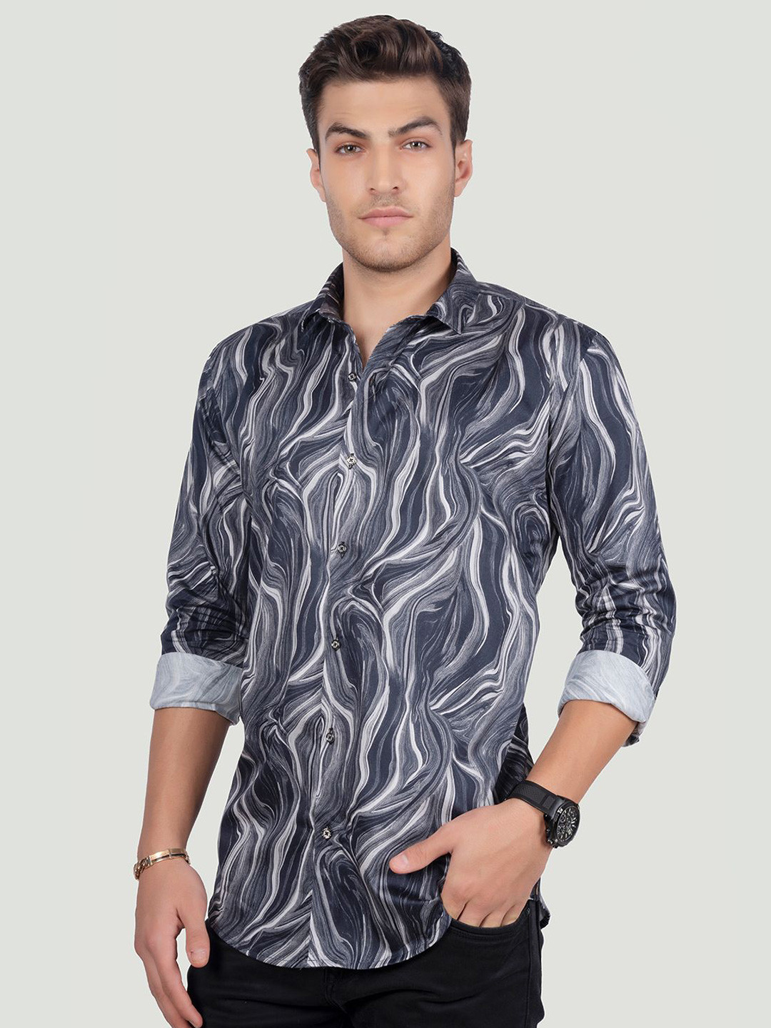 

ALMATY Men Comfort Spread Collar Abstract Printed Cotton Slim Fit Party Shirt, Blue
