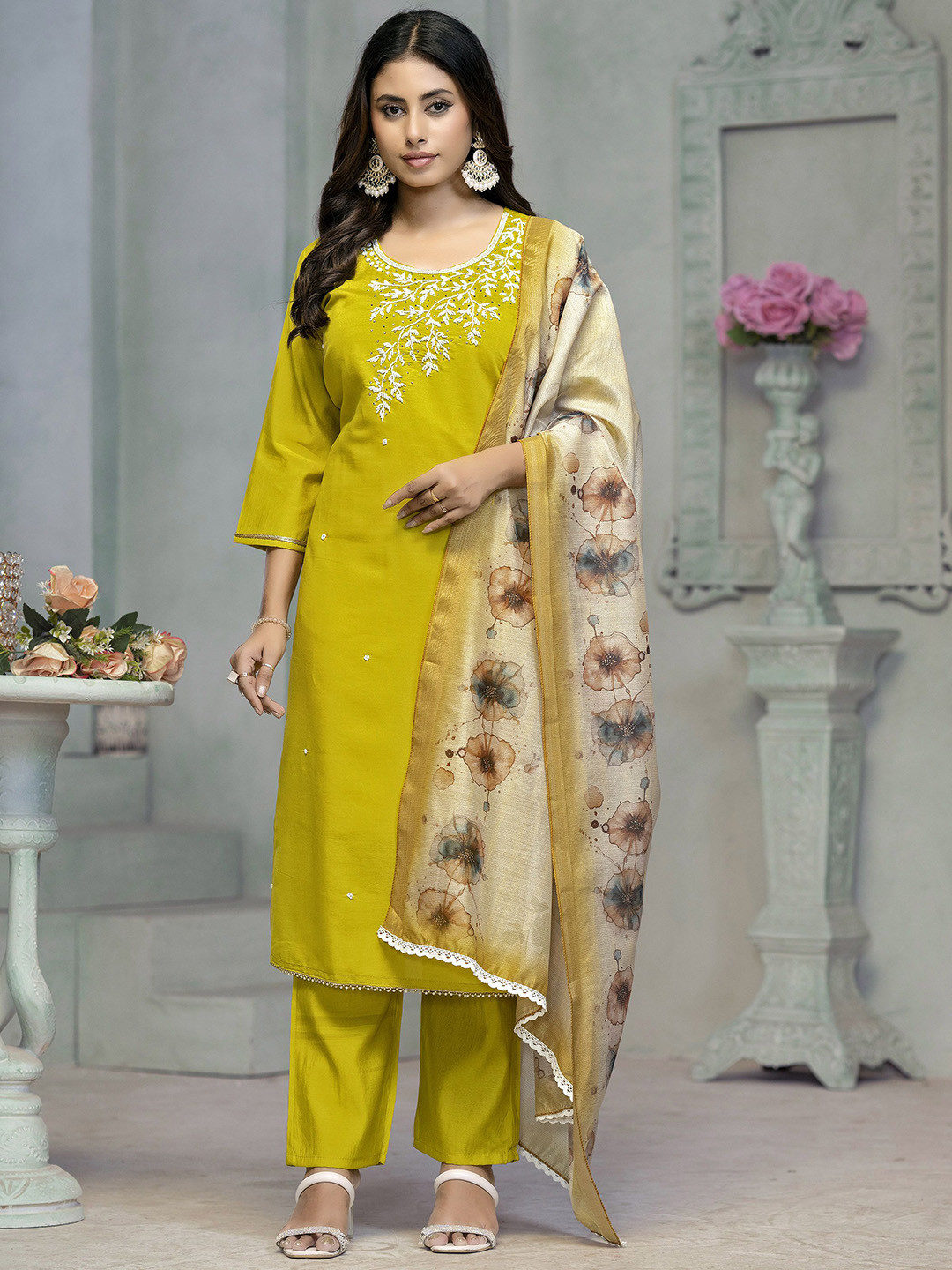 

Maroosh Women Floral Embroidered Round Neck Kurta Sets With Trousers & Dupatta, Lime green