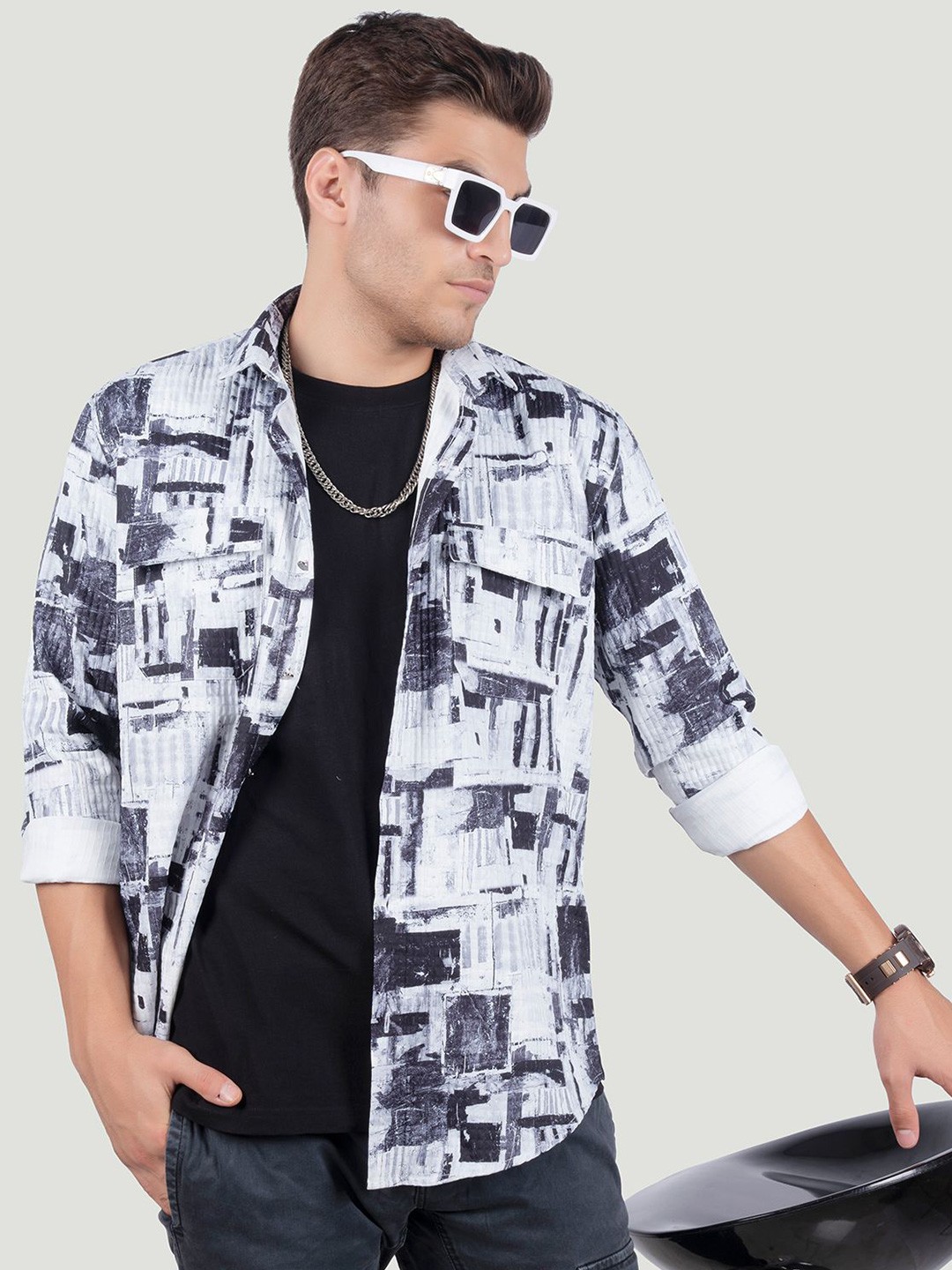 

ALMATY Men Comfort Spread Collar Graphic Printed Cotton Slim Fit Party Shirt, White