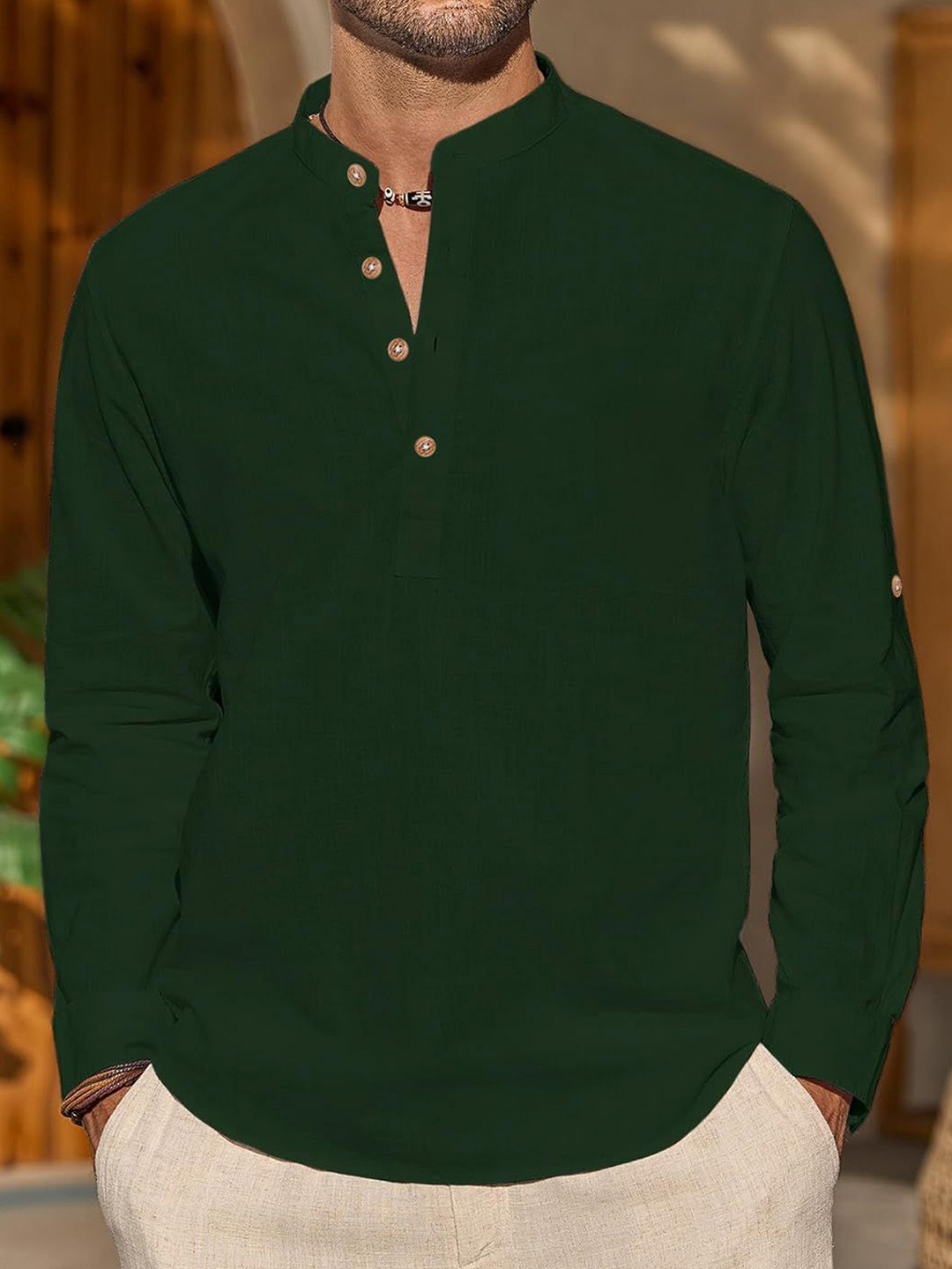 

Vida Loca Mandarin Collar Roll-Up Sleeves Cotton Short Straight Kurta, Green