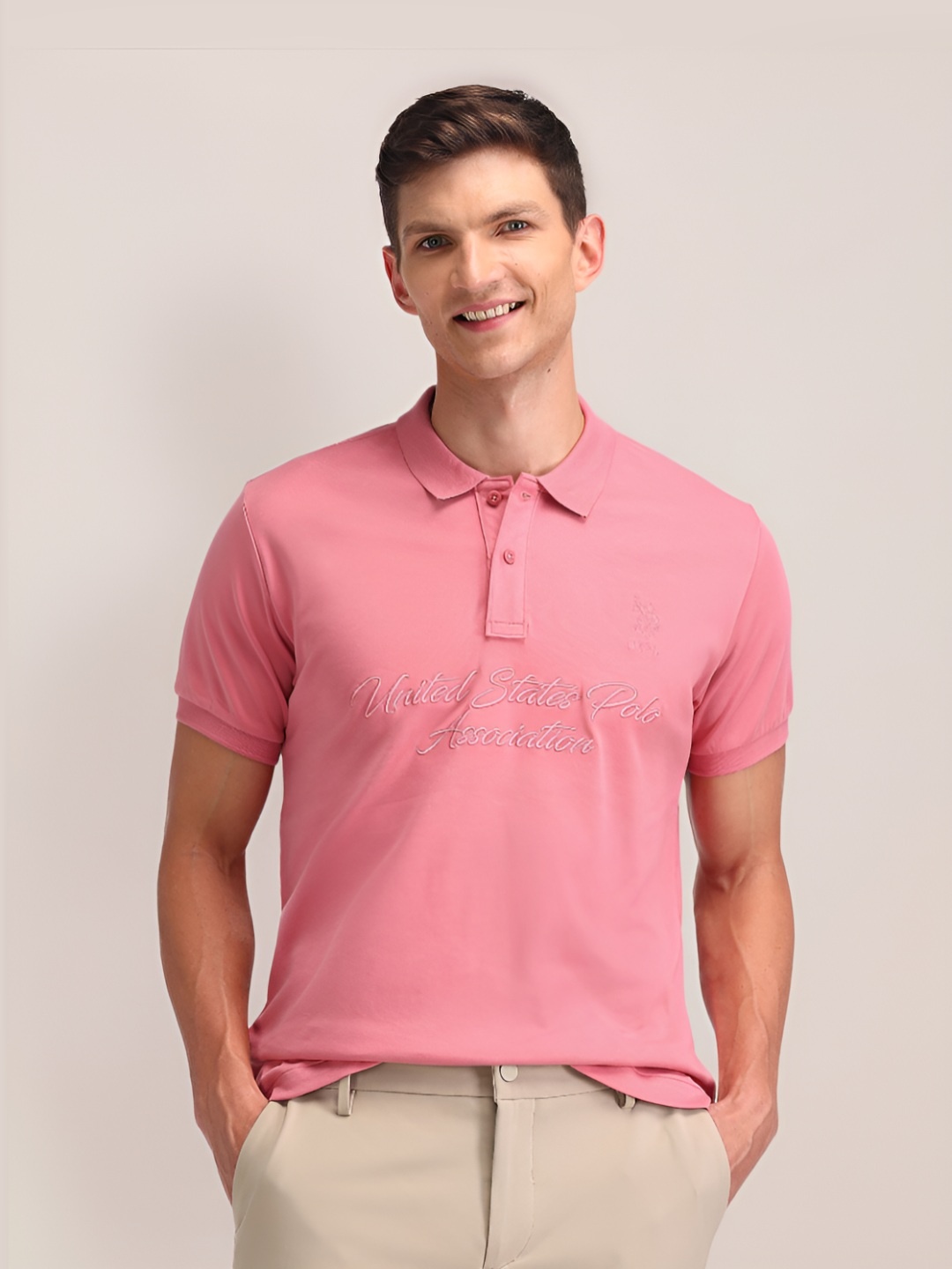 

U.S. Polo Assn. Men Solid Cotton Slim Fit T-shirt, Pink