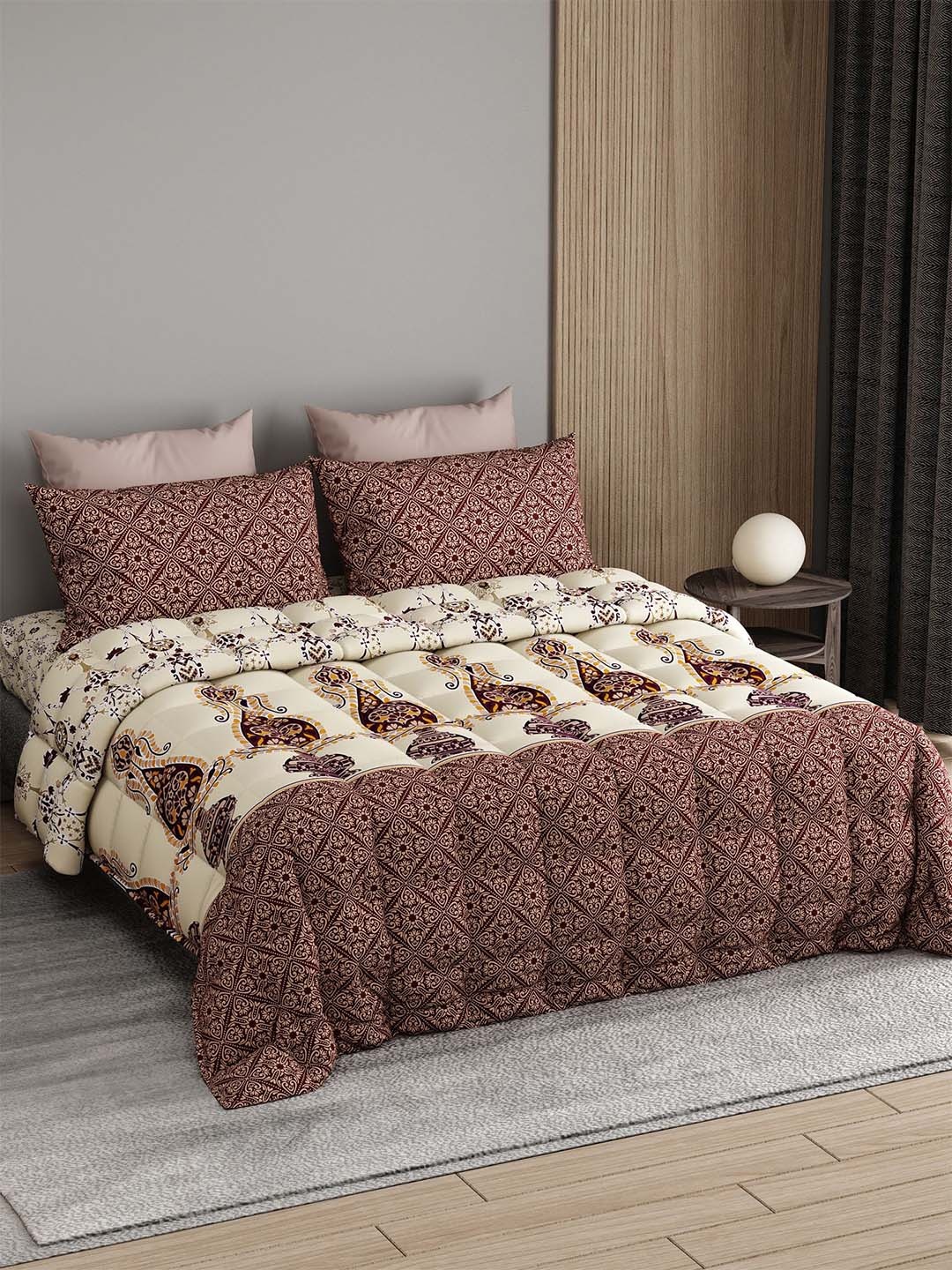 

LABHAM Cream & Maroon Self Design Cotton Double King Superfine Bedding Set