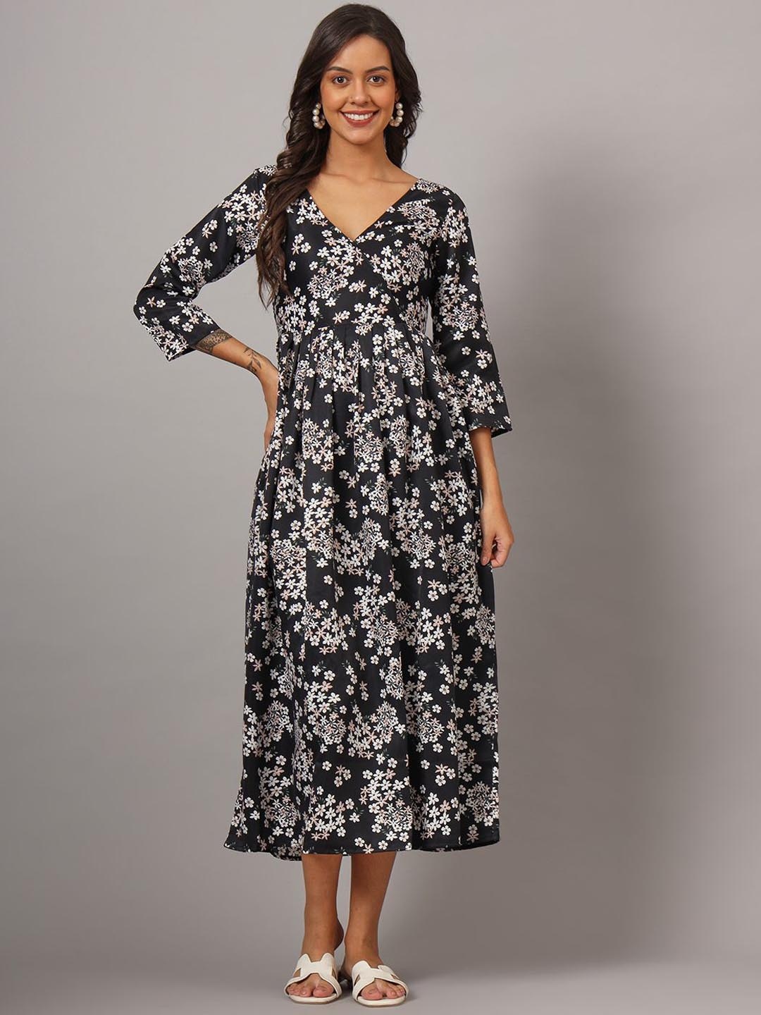 

DHAKRE FASHION Floral Printed V-Neck Pure Silk Wrap Ethnic Dress, Black