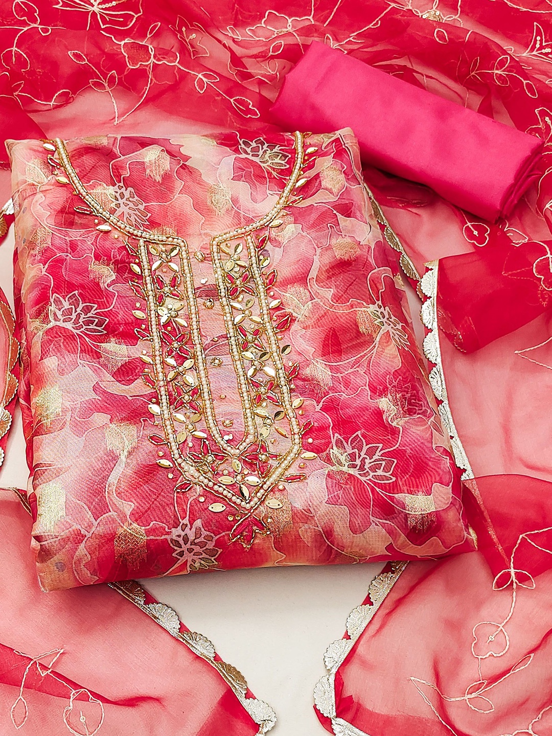

Ishin Floral Woven Design Beads and Stones Organza Unstitched Dress Material, Pink