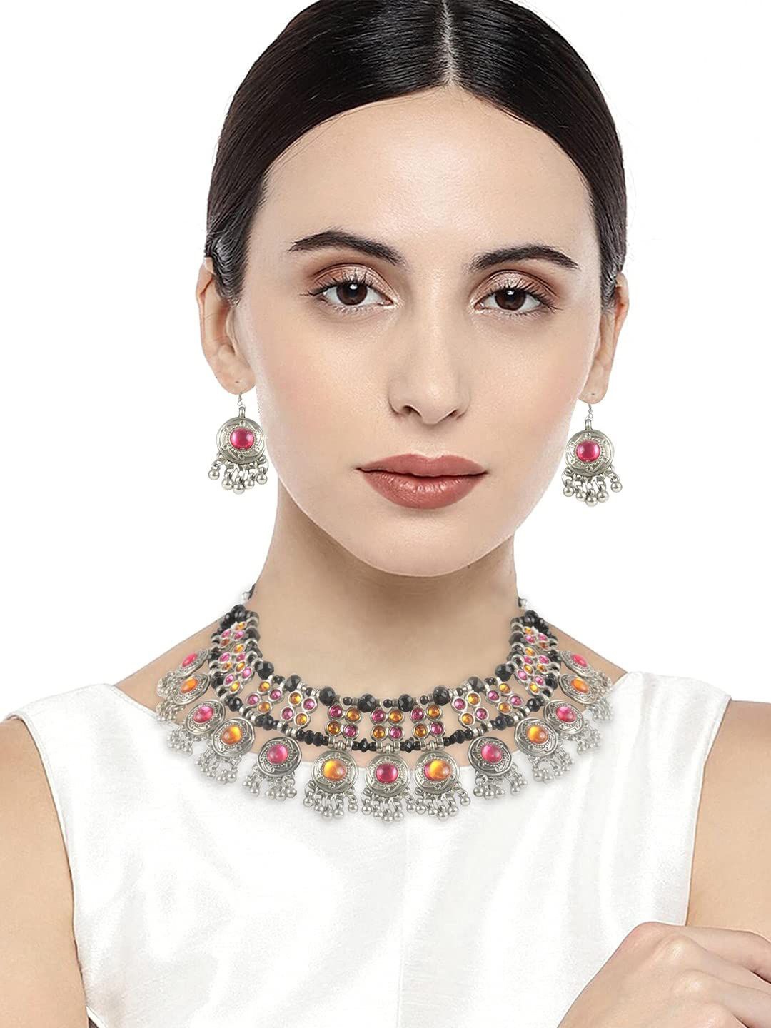 

UNIVERSITY TRENDZ Silver-Plated Oxidised Stone-Studded Jewellery Set