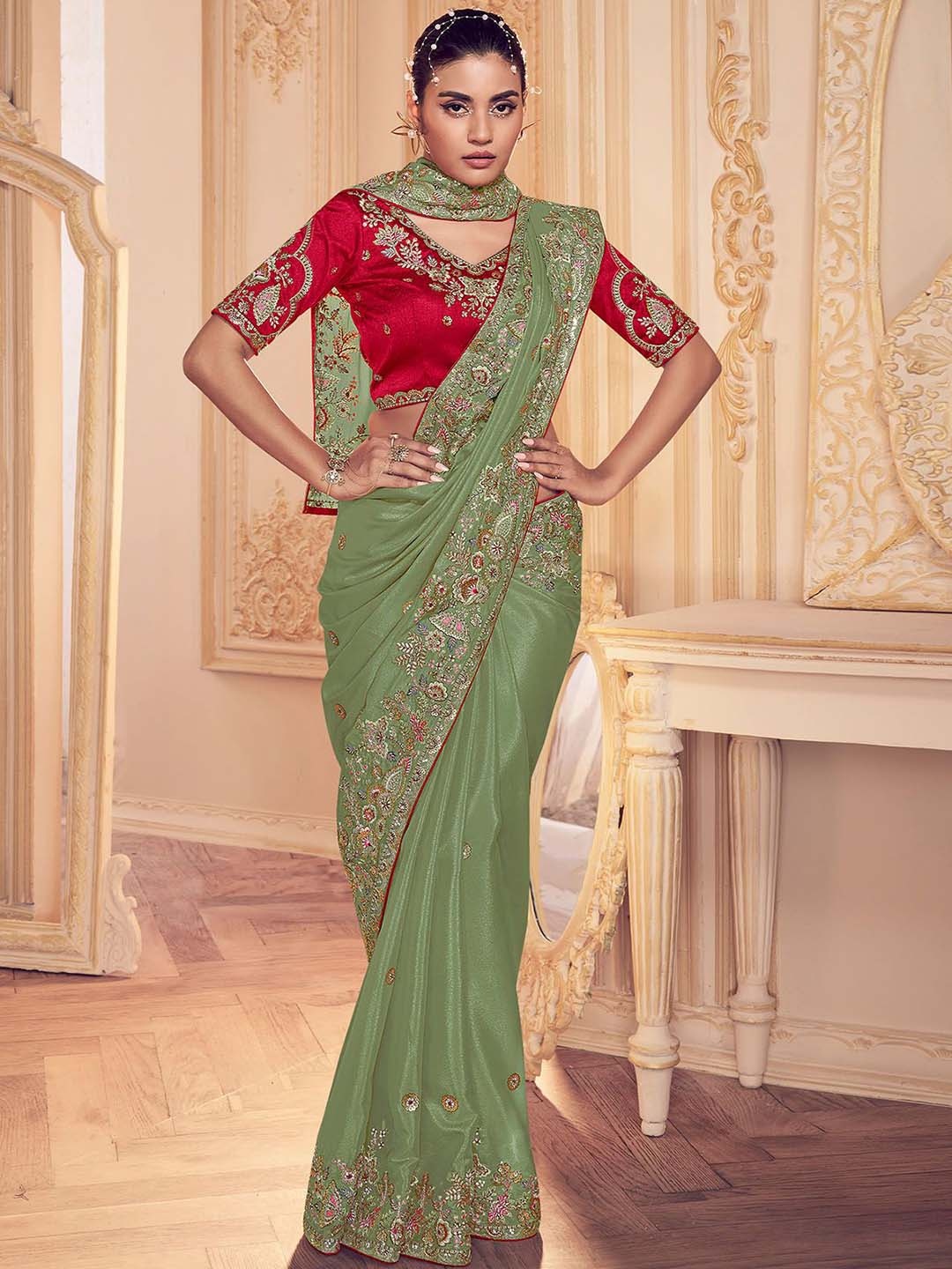 

ODETTE Ethnic Motifs Embroidered Poly Georgette Saree, Green