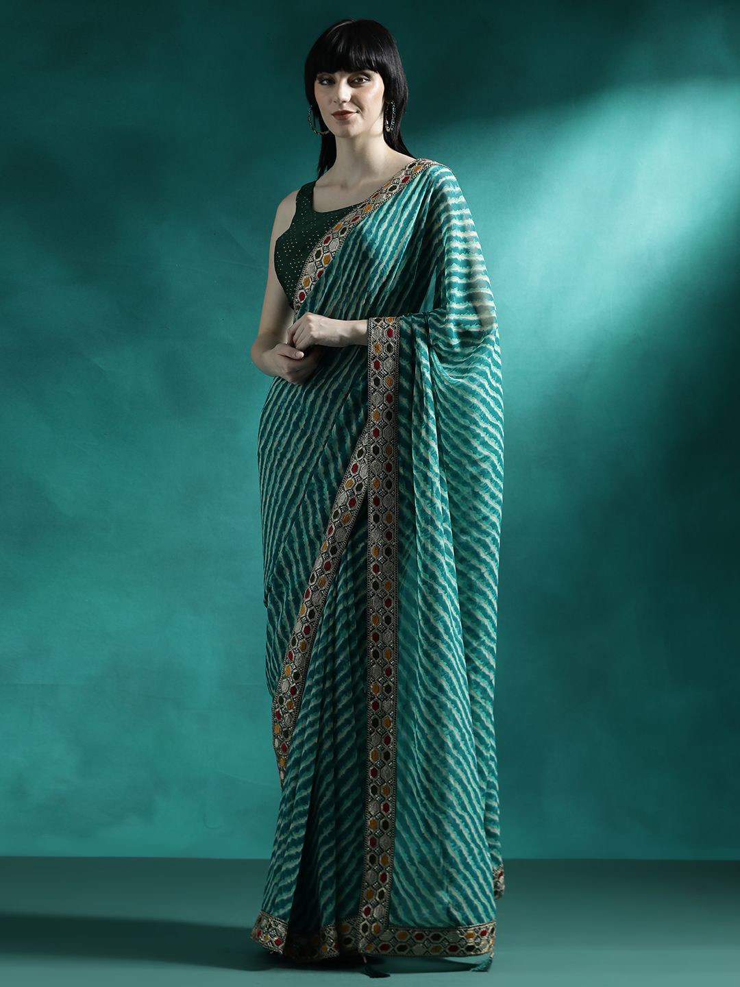 

Sangria Woven Design Leheriya Printed Saree With Blouse Piece, Green