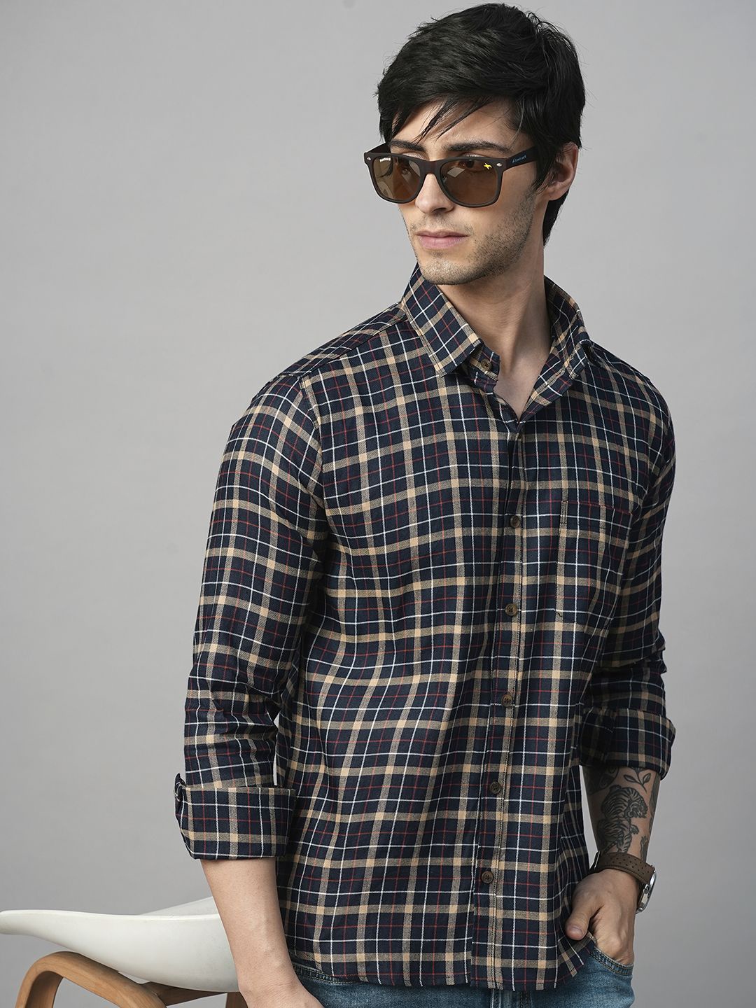 

TRYBUY.IN Men Standard Spread Collar Buffalo Checked Cotton Casual Shirt, Navy blue