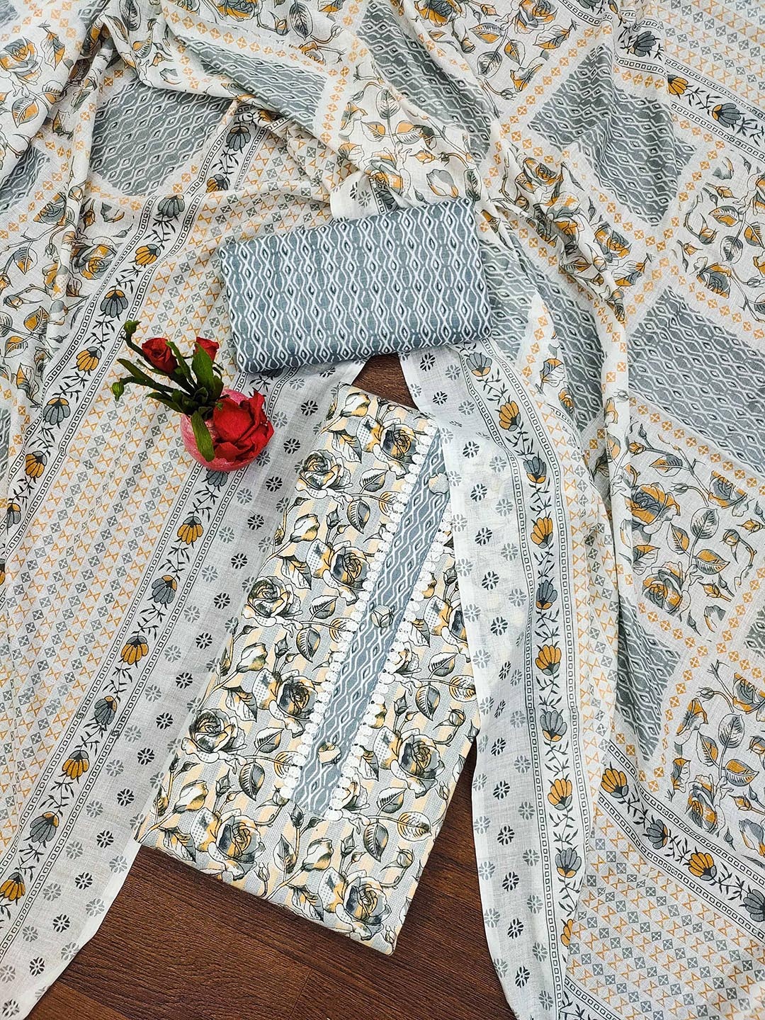 

Ishin White and blue Floral Printed Unstitched Dress Material