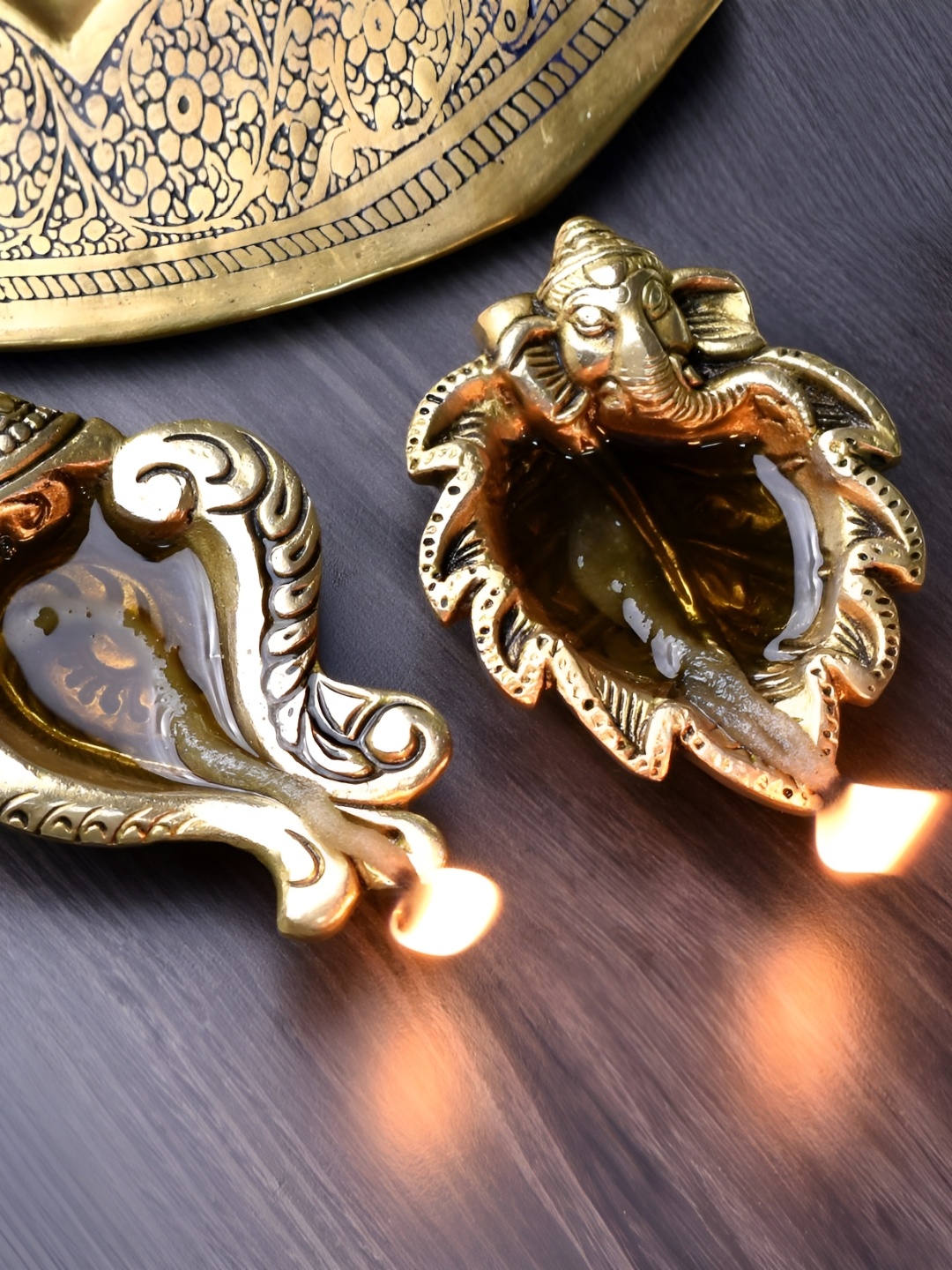 

Indianshelf Gold-Toned 2 Pieces Textured Brass Diya Pooja Essentials