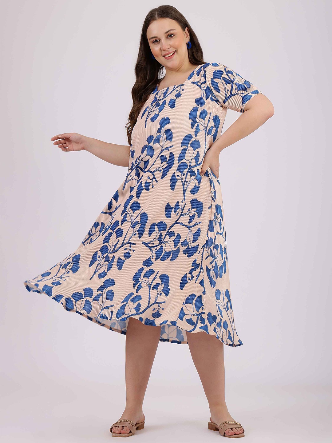 

Curvy Lane Floral Printed Puff Sleeve A-Line Plus Size Dress, Peach