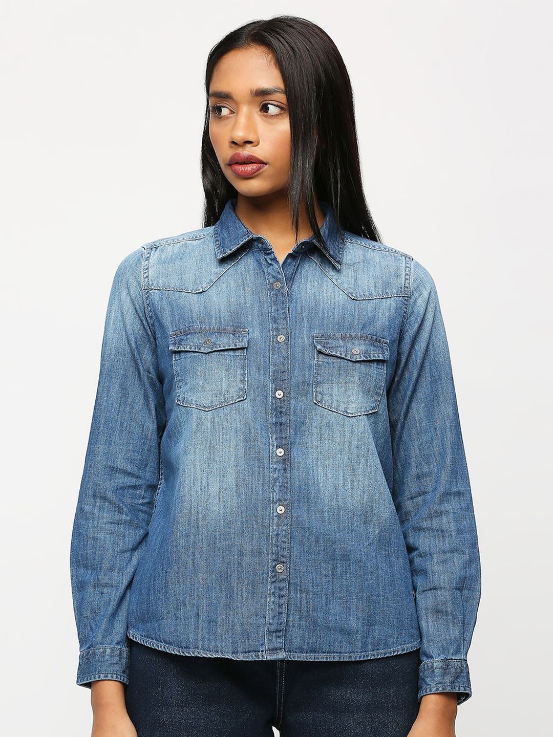 

Pepe Jeans Women Spread Collar Solid Cotton Casual Shirt, Blue