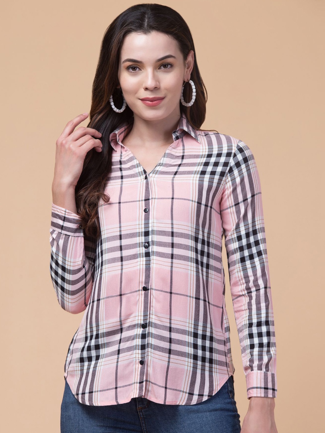 

Hive91 Women Standard Spread Collar Tartan Checked Casual Shirt, Pink