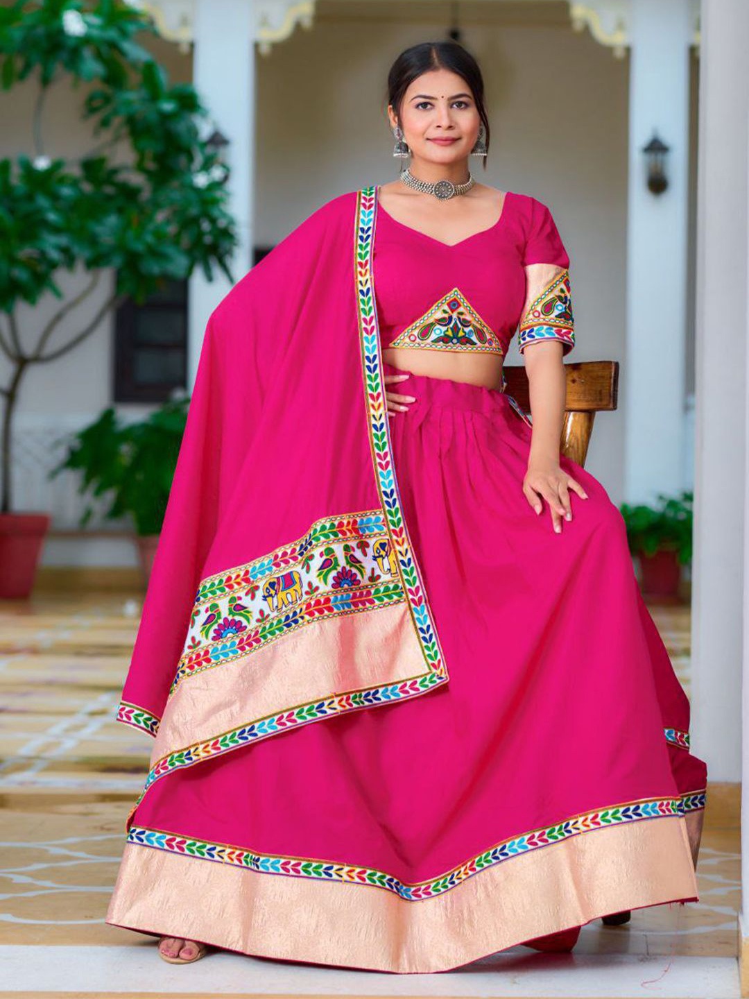 

ZIBLON Embroidered Patchwork Ready to Wear Lehenga & Blouse With Dupatta, Pink