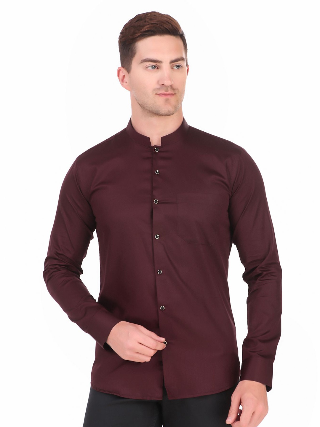 

DESIGN UP Men Radon Slim Fit Mandarin Collar Cotton Shirt, Maroon