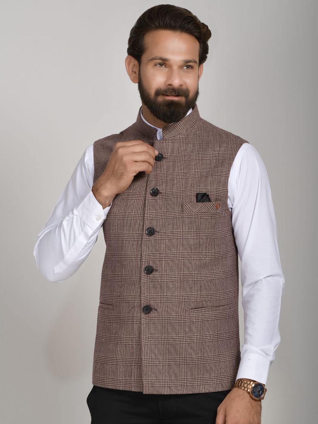

LA'SCOOT Checked Mandarin Collar Nehru Jacket, Brown