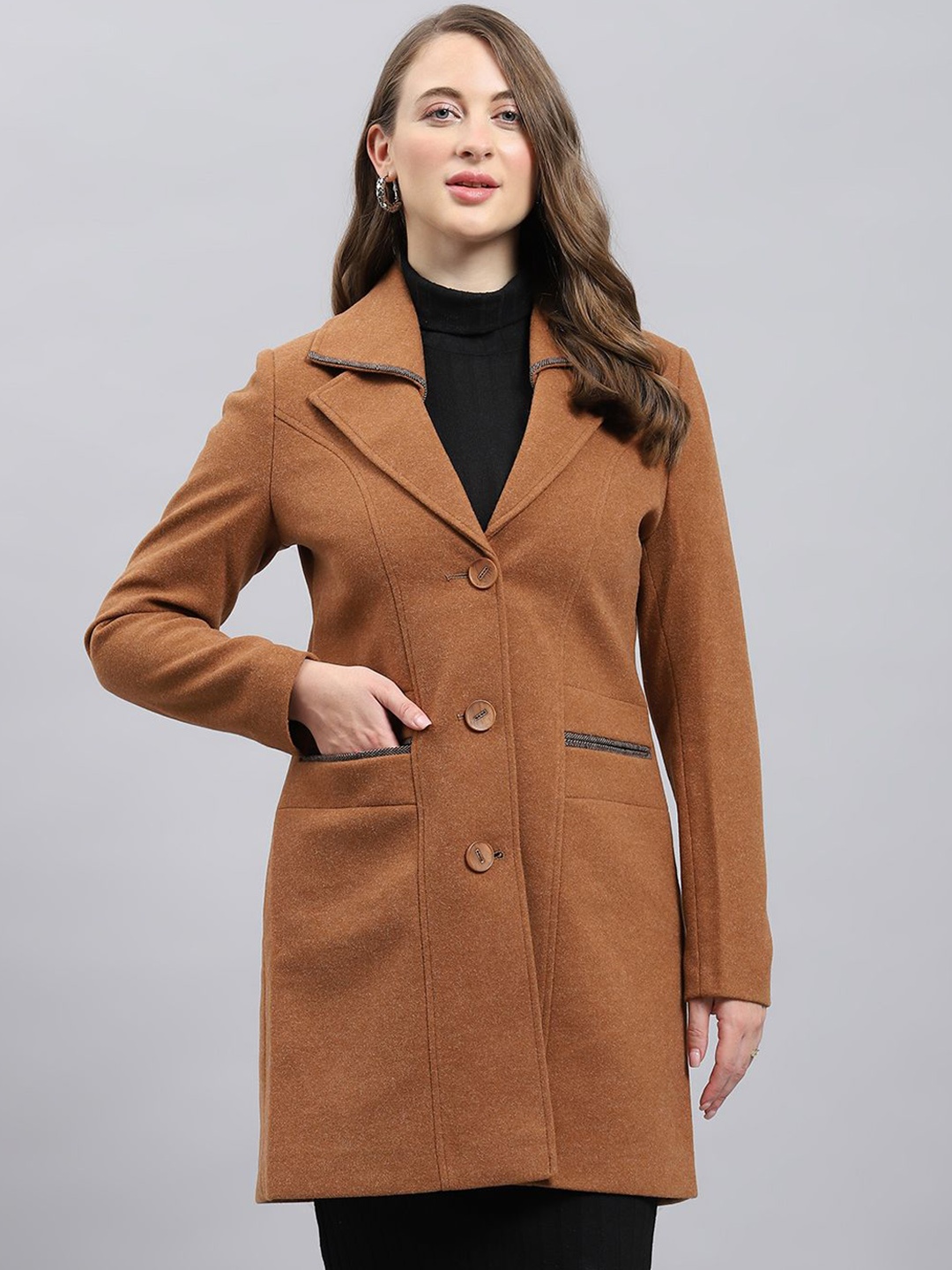 

Monte Carlo Women Single-Breasted Solid Overcoat, Brown