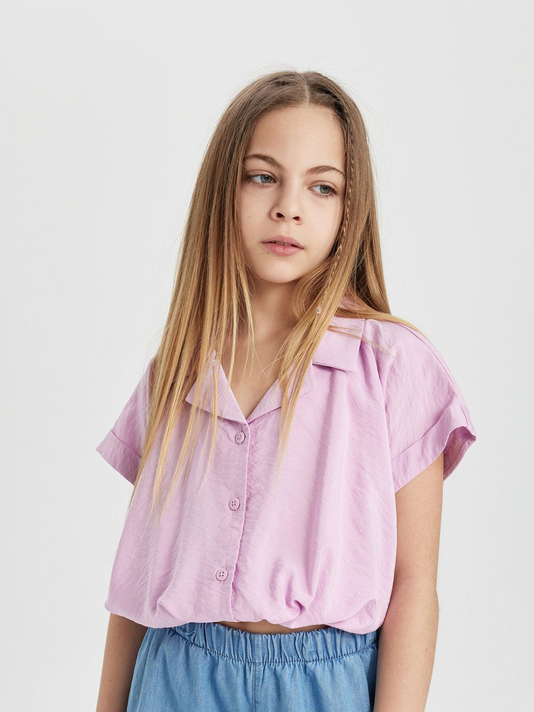 

DeFacto Girls Cuban Collar Solid Casual Shirt, Pink