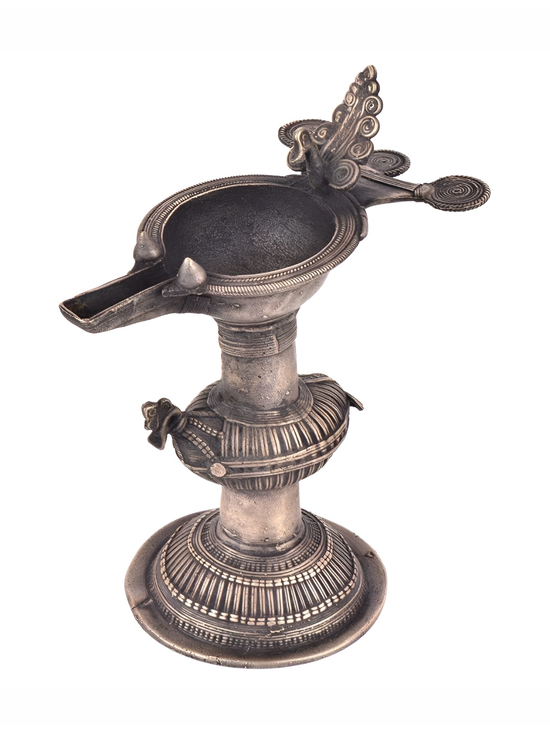 

Indianshelf Bronze and Black Textured Brass Peacock Design Deep Diya