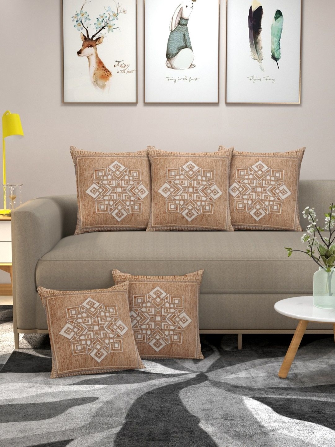 

MULTITEX Peach & White 5 Pieces Ethnic Motifs Printed Velvet Square Cushion Covers