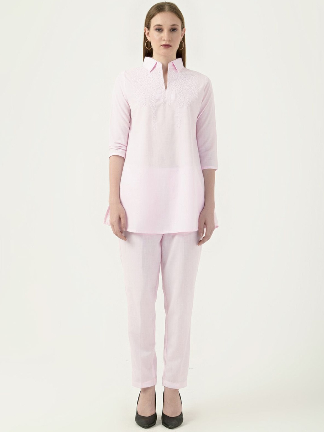 

Albion By CnM Self Design Shirt Collar Tunic With Trousers, Peach