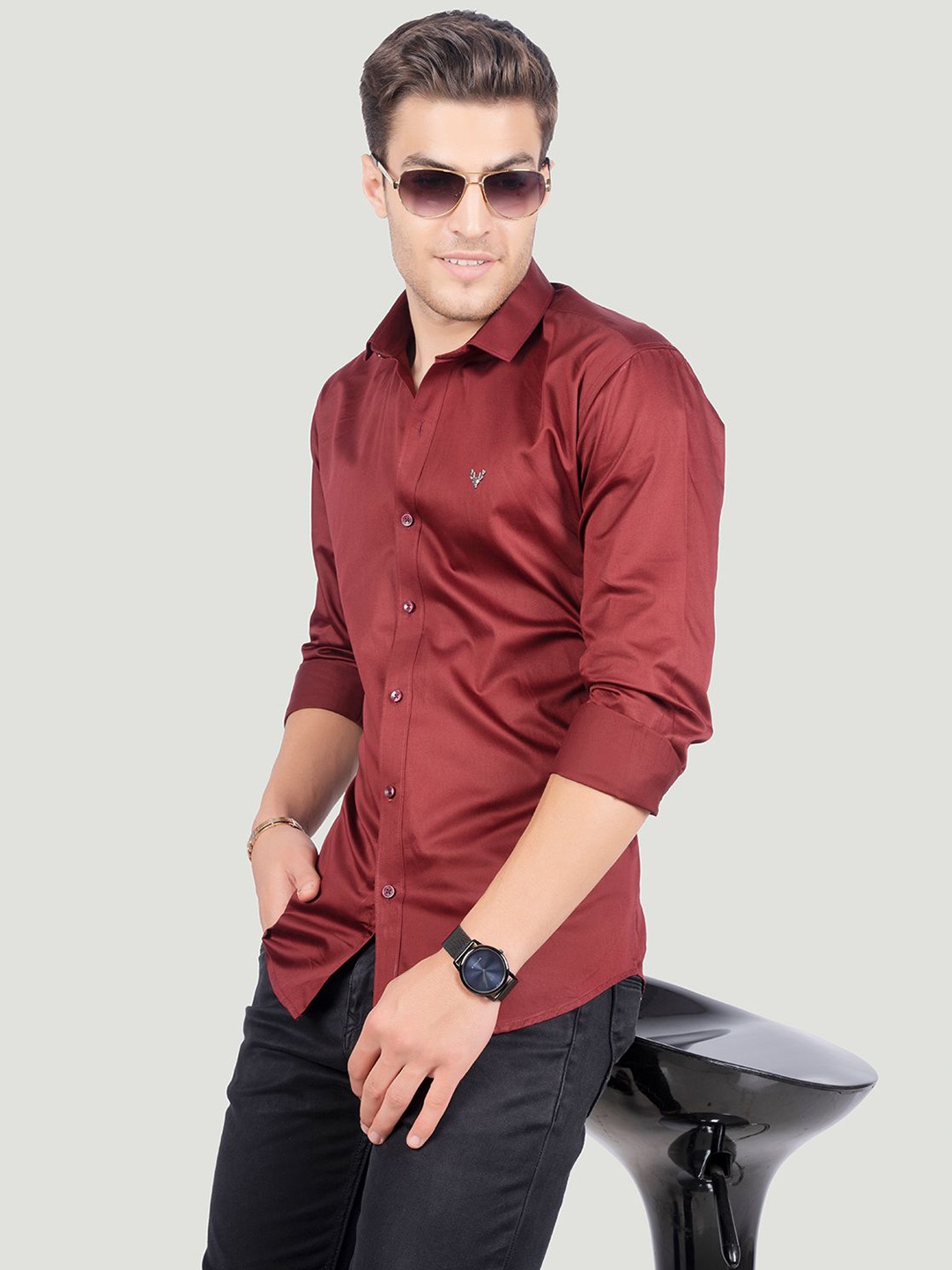 

ALMATY Men Comfort Spread Collar Solid Cotton Slim Fit Party Shirt, Maroon