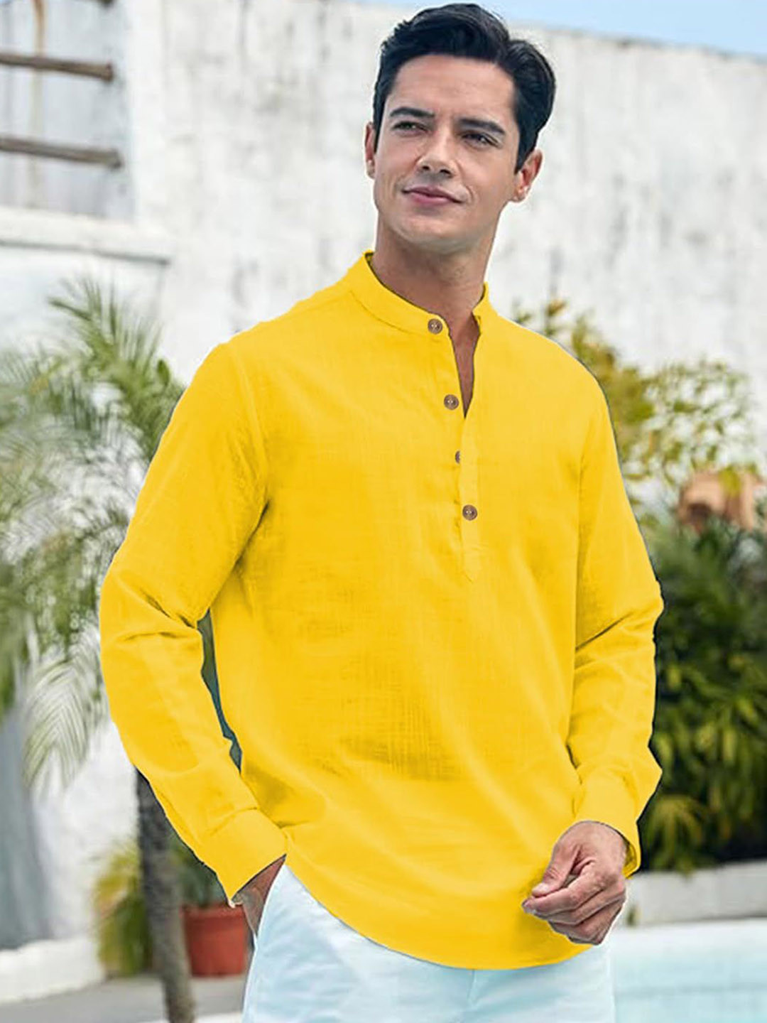 

Vida Loca Slim Fit Band Collar Cotton Short Kurta, Yellow