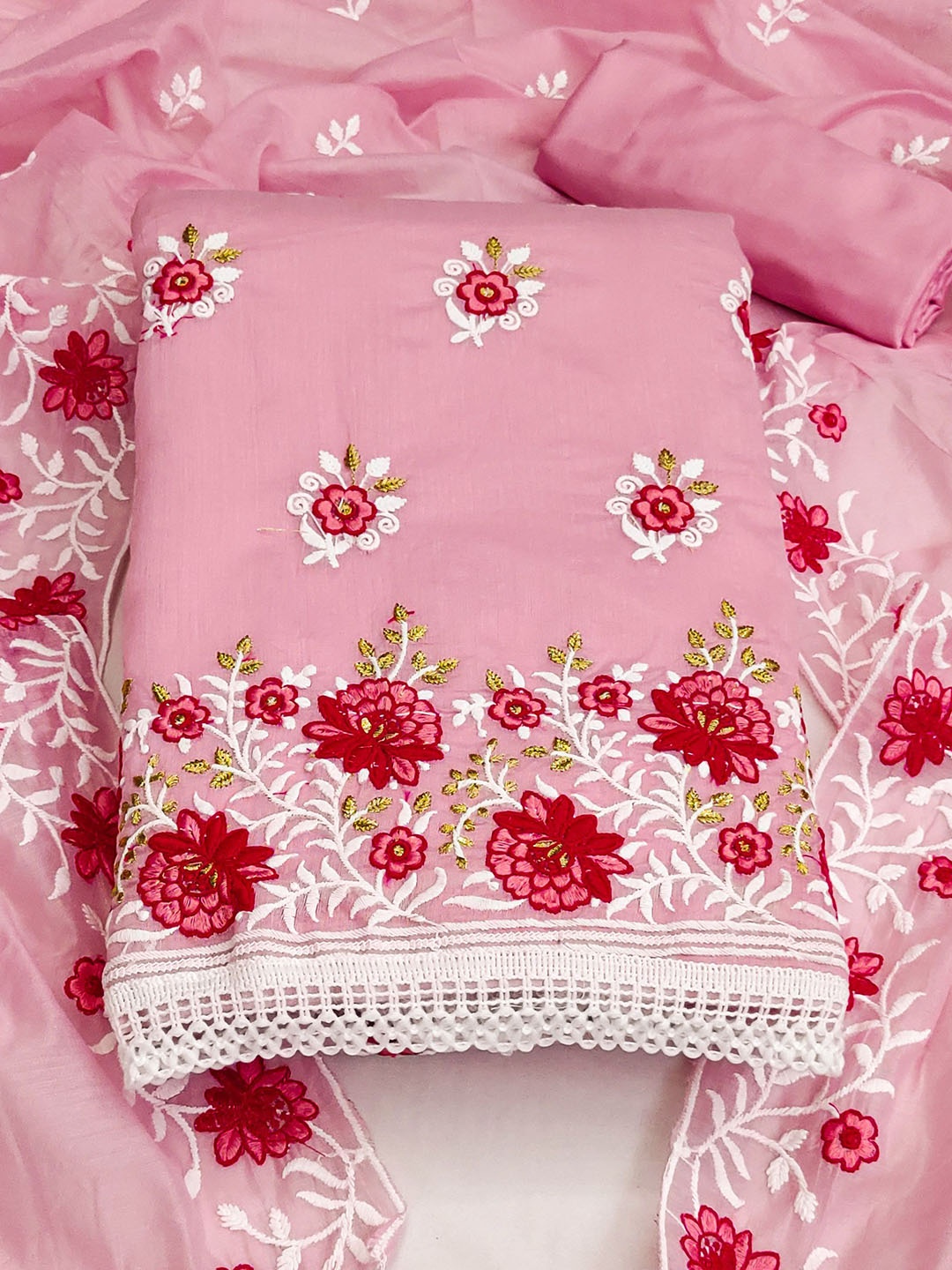 

Ishin Embroidered Thread Work Unstitched Dress Material, Pink