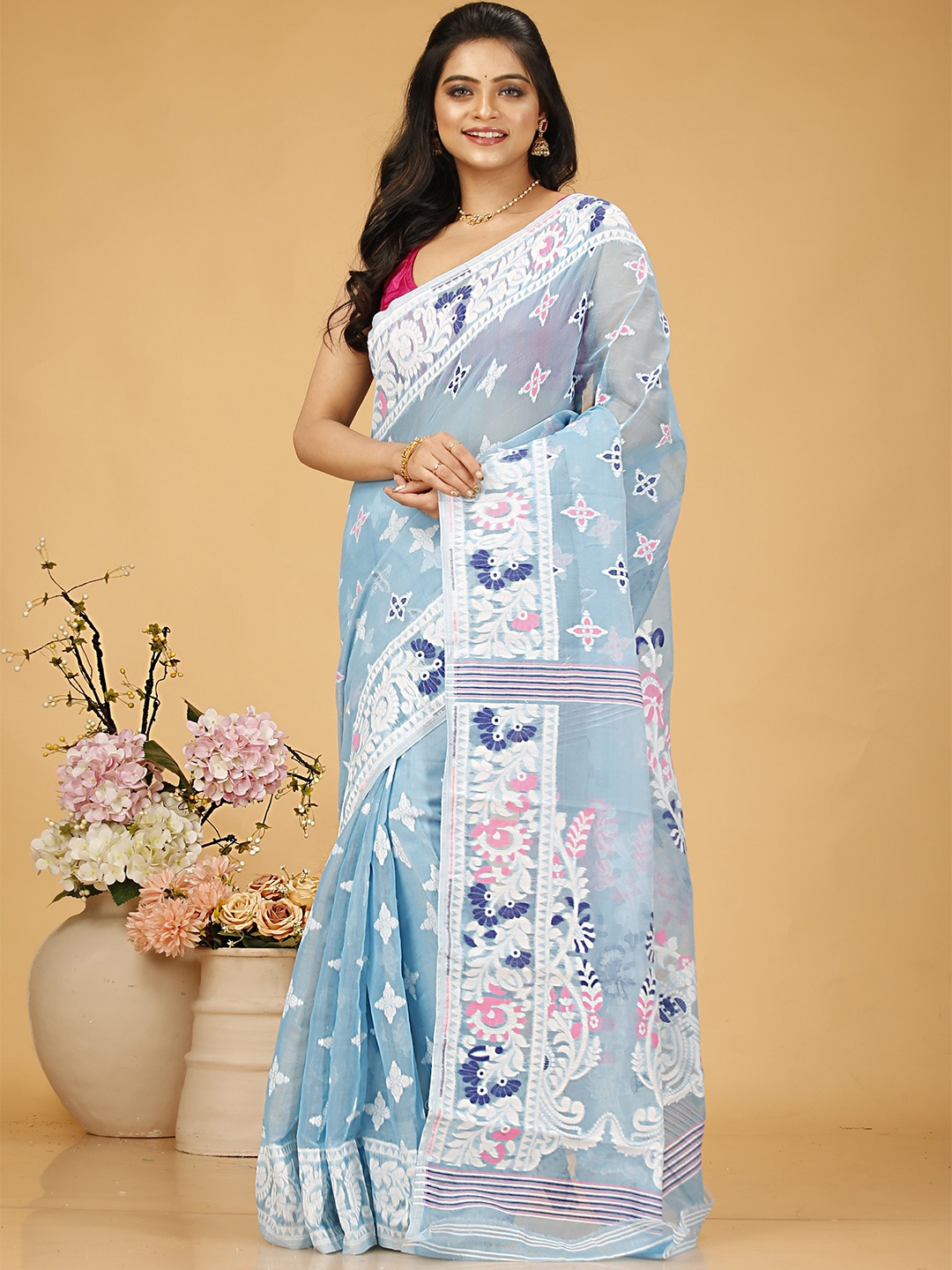 

SLAGHA Ethnic Motif Woven Design Jamdani Saree, Turquoise blue