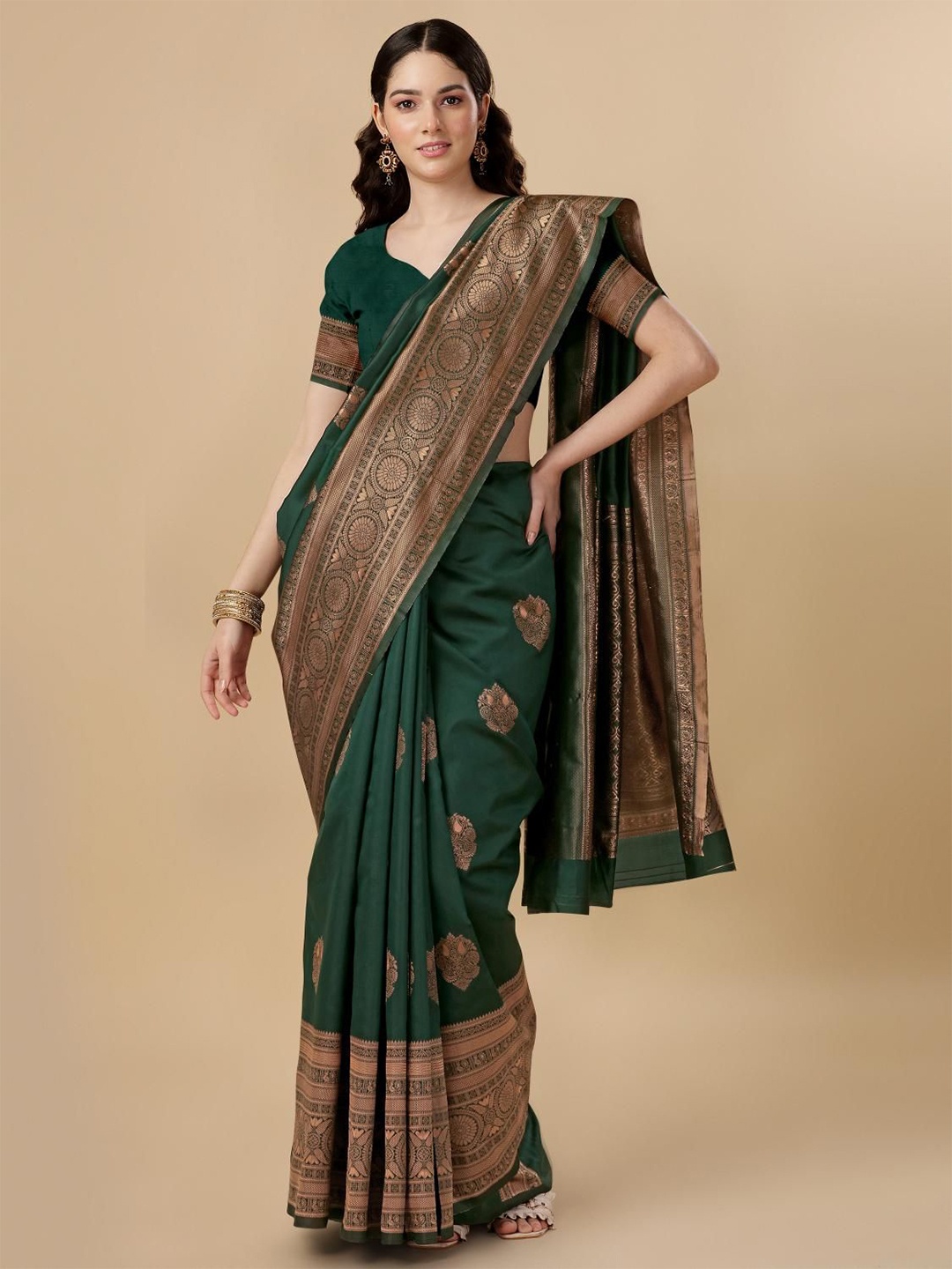 

Quelea Ethnic Motifs Zari Pure Silk Banarasi Saree, Green