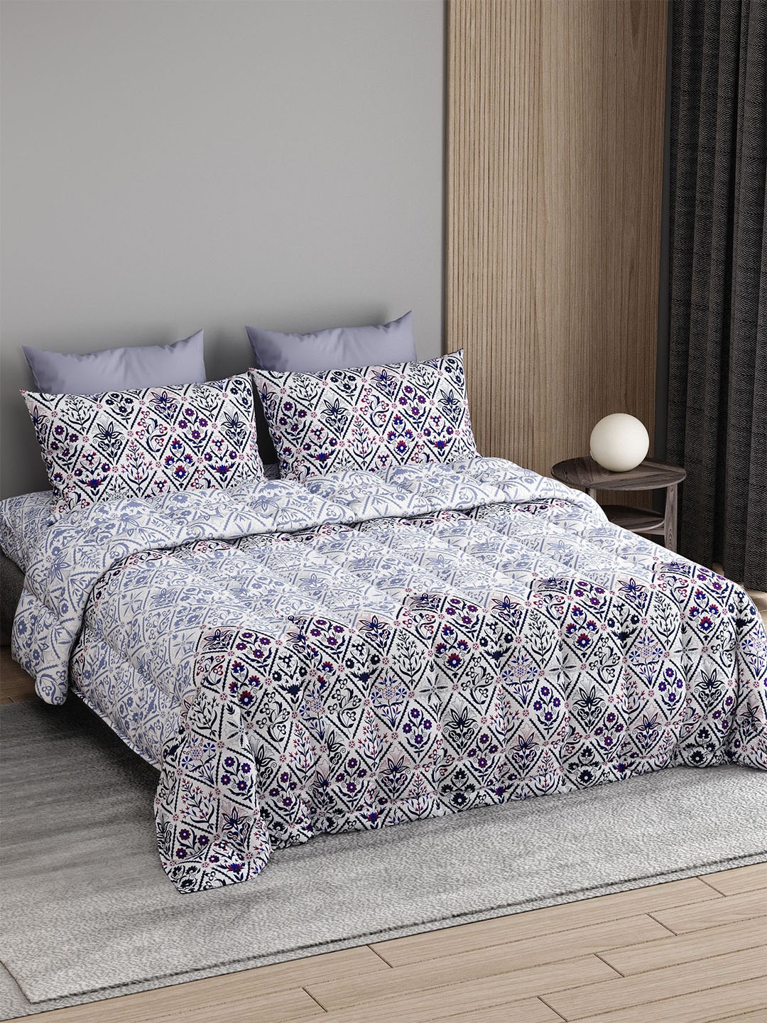 

LABHAM Violet & White Floral Printed Pure Cotton Double King Superfine Bedding Set
